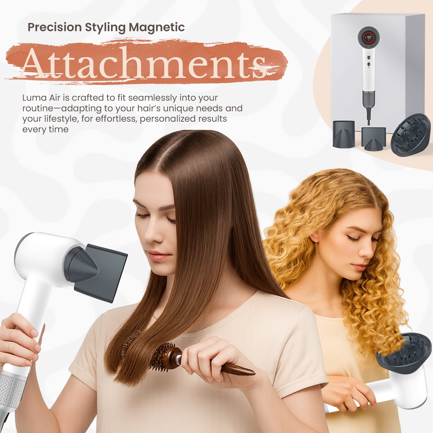 Hair dryer comes with 3 attachments, a diffuser for curly hair and 2 varying wind directing attachments (usually for people with straight hair)